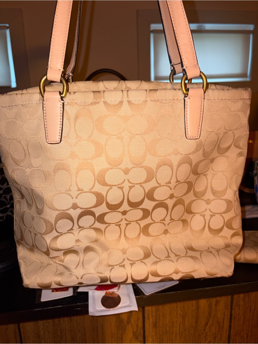 Coach Dempsey Beige Signature Green Stripe Tote Bag, F28504 and Matching Wallet - Picture 4 of 13